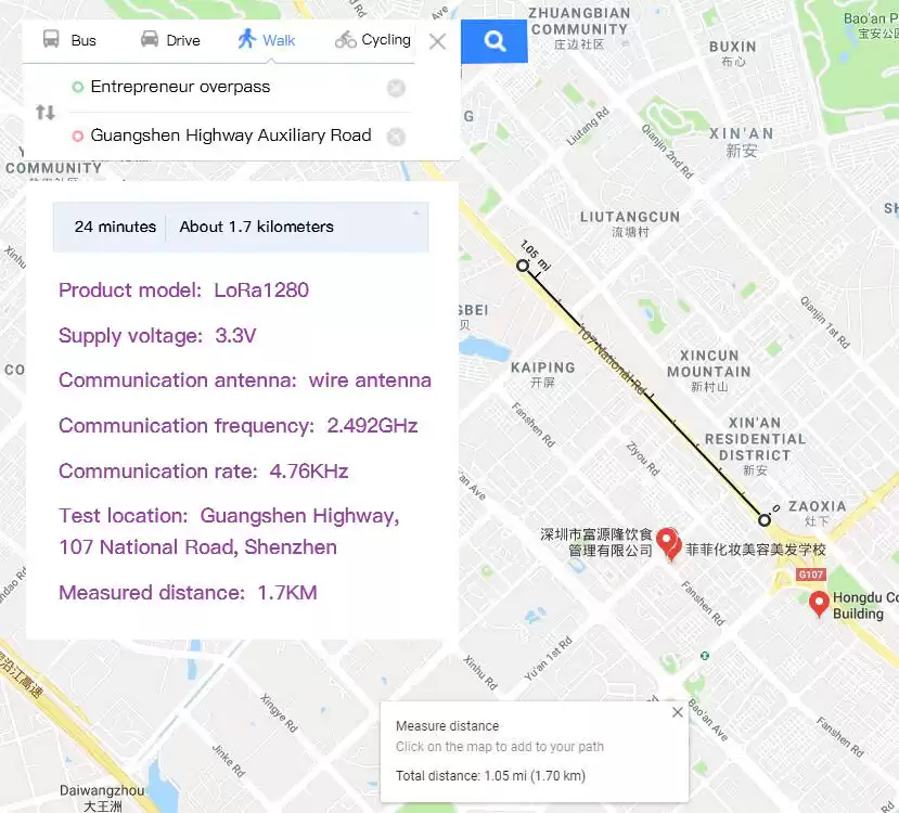 2.4 GHz module LoRa1280 transmission distance test