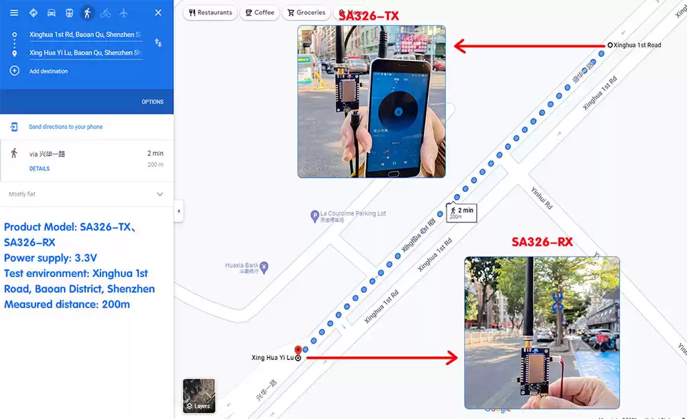200m test: communication status of wireless audio module SA326-TX and SA326-RX