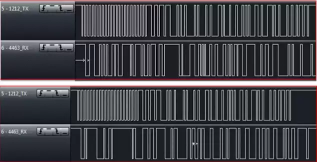 Figure 11: Two sets of waveforms sent by RF1212 and received by RF4432 at 423MHz 1.2Kbps 50KHz frequency offset