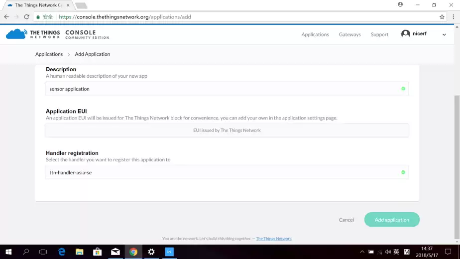 Select the Handler registration as your gateway configuration and click Add application