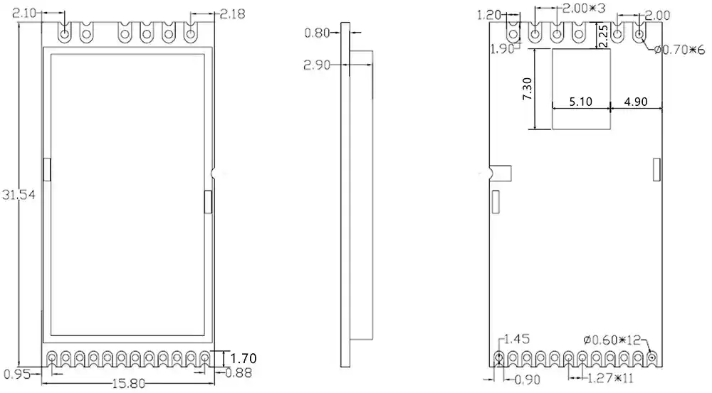 Mechanical dimensions of 2.4GHz 500mW LoRa wireless module LoRa1280F27 Mechanical dimensions of 2.4GHz 500mW LoRa wireless module LoRa1280F27