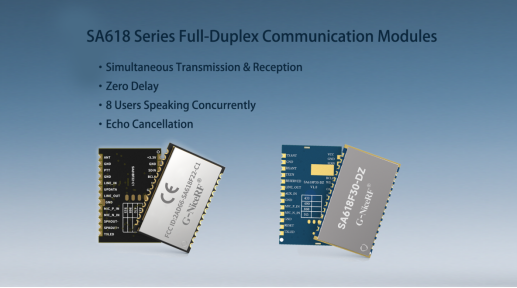 NiceRF SA618 series full-duplex communication modules, including SA618F22 (160mW) and SA618F30-C1 (1W), offering flexible options for different distance and power requirements.