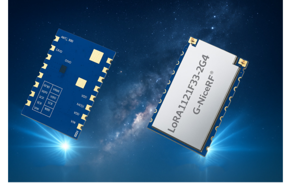 G-NiceRF LoRa1121F33 series high-power modules, featuring the LoRa1121F33-2G4 model against a starry sky background.