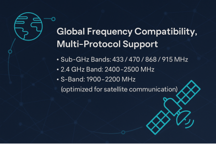 Infographic highlighting the LoRa1121 module's global frequency compatibility, listing its Sub-GHz, 2.4 GHz, and S-Band satellite communication capabilities.