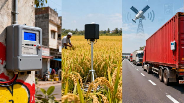 Practical applications of LoRa in India, featuring a smart meter in a city, a soil sensor in a field, and logistics tracking on a highway. Practical applications of LoRa in India, featuring a smart meter in a city, a soil sensor in a field, and logistics tracking on a highway.
