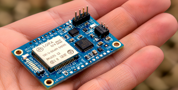 Hand holding a LoRa RF95 868MHz wireless module labeled HopeRF