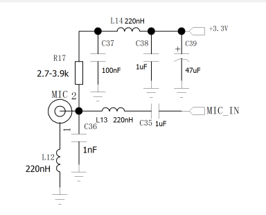 Schematic circuit diagram of a microphone (MIC) input stage with a three-stage filter (L-C network) designed to suppress TDD noise. Schematic circuit diagram of a microphone (MIC) input stage with a three-stage filter (L-C network) designed to suppress TDD noise.