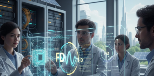 Scientists in a lab reviewing Full Duplex (FD) energy efficiency. Scientists in a lab reviewing Full Duplex (FD) energy efficiency.