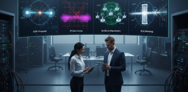 Diagram showing 4 MIMO precoding techniques like SLNR and ZF. Diagram showing 4 MIMO precoding techniques like SLNR and ZF.