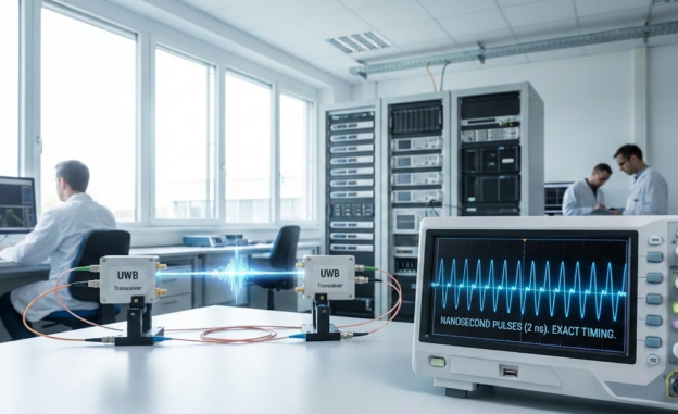 High-tech UWB lab visualization showing nanosecond pulse timing. High-tech UWB lab visualization showing nanosecond pulse timing.
