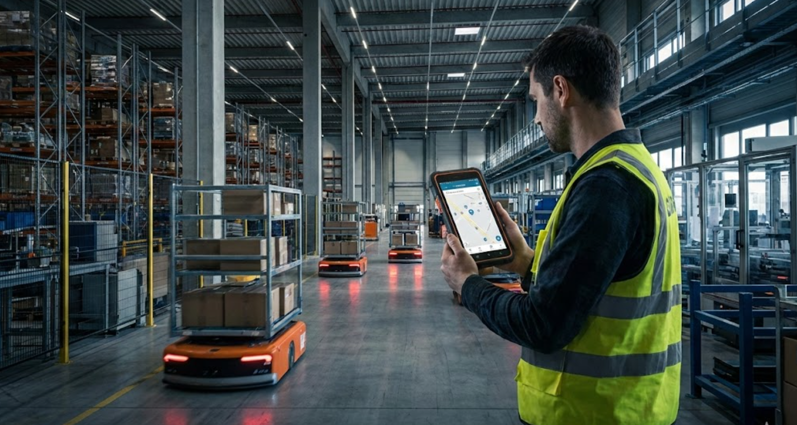 G-NiceRF engineer uses UWB device in busy, automated warehouse. G-NiceRF engineer uses UWB device in busy, automated warehouse.