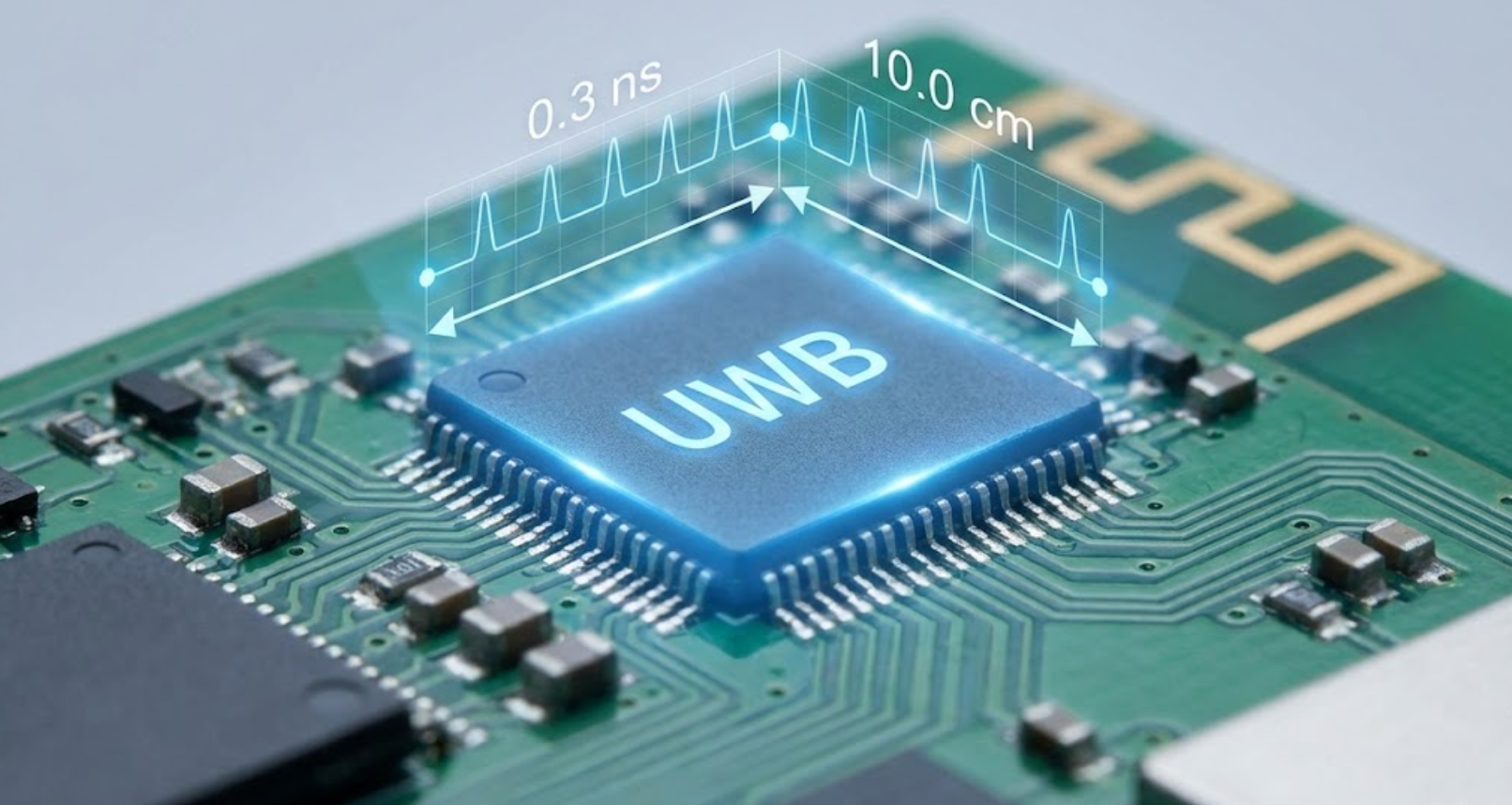 G-NiceRF UWB chip on circuit board showing time-of-flight measurement visualization.