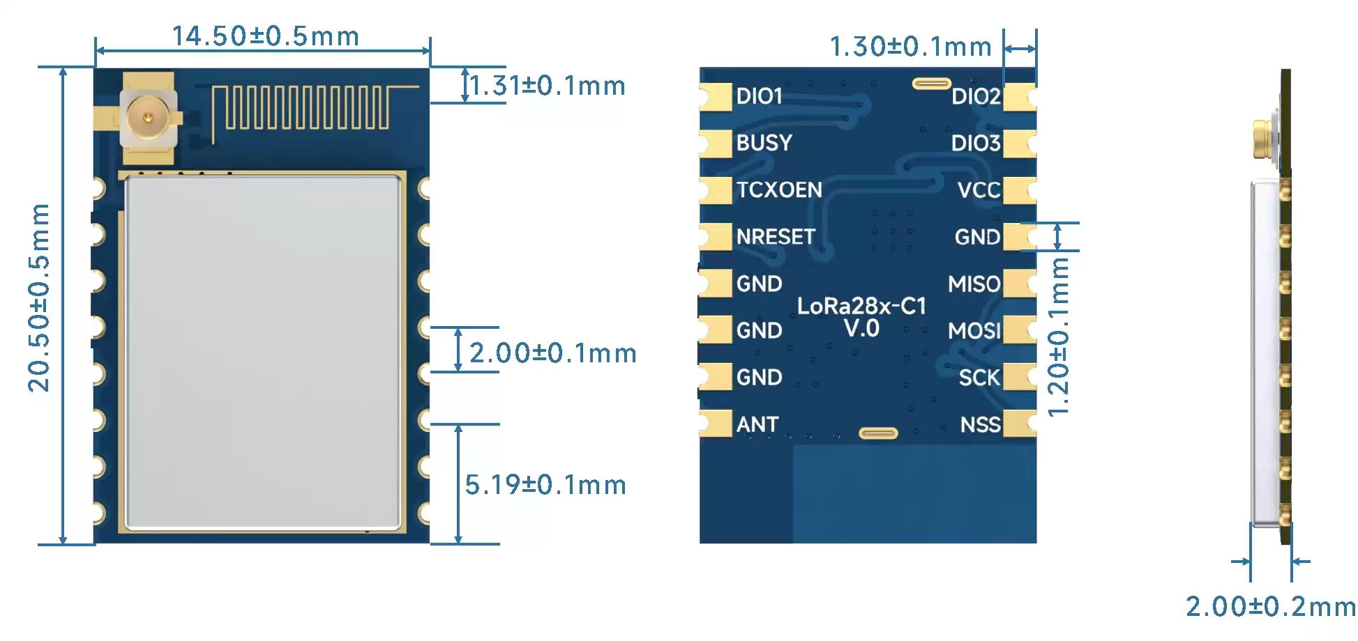 Mechanical dimensions of 2.4GHz LoRa wireless transceiver module LoRa128X-C1.