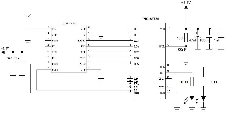 Application circuit of wireless transceiver module LoRa-CC68-868-T.