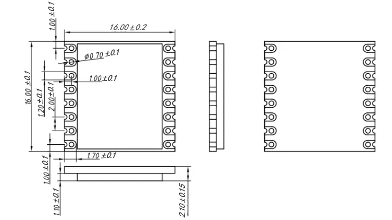 Mechanical dimensions of wireless transceiver module LoRa-CC68-915-T