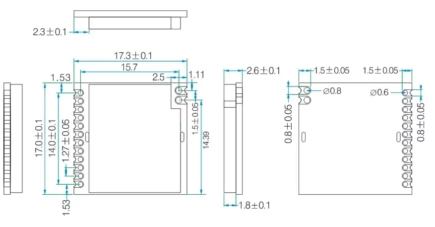 Mechanical dimensions of wireless 433/470MHz LoRa module LoRa1278 Mechanical dimensions of wireless 433/470MHz LoRa module LoRa1278