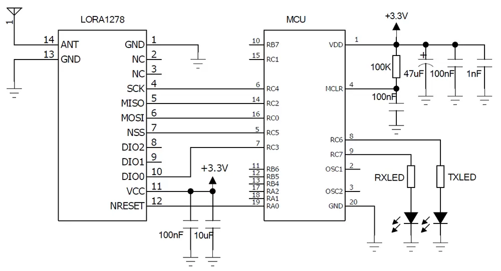Application circuit of wireless 433/470MHz LoRa module LoRa1278 Application circuit of wireless 433/470MHz LoRa module LoRa1278