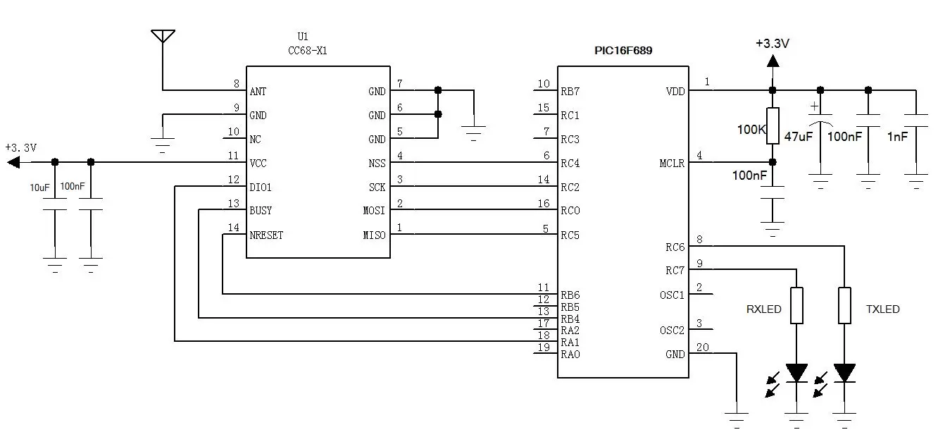 Application circuit of wireless module LoRa-CC68-X1. Application circuit of wireless module LoRa-CC68-X1.