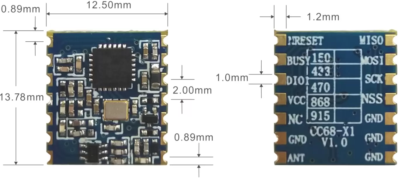 Mechanical dimensions of wireless module LoRa-CC68-X1. Mechanical dimensions of wireless module LoRa-CC68-X1.
