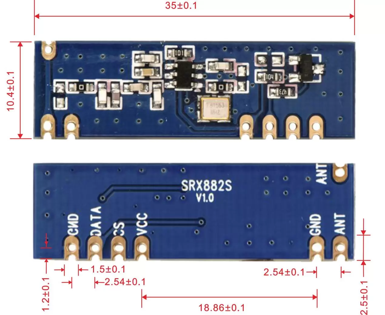 Mechanical dimensions of the superheterodyne module SRX882S