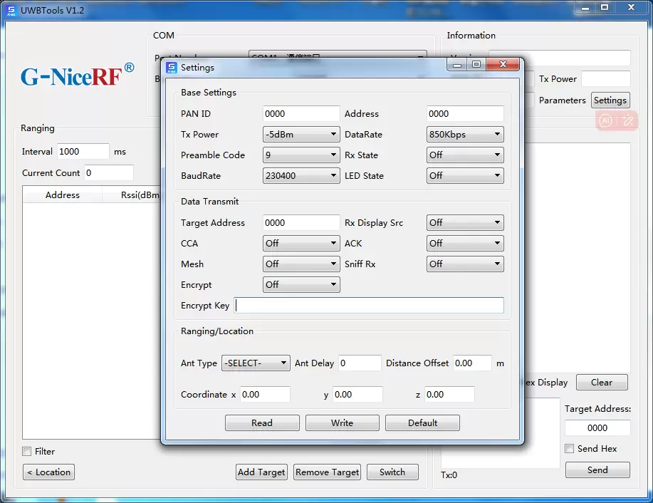 Screenshot of NiceRF UWBTools V1.2 PC configuration software for the UWB650 module