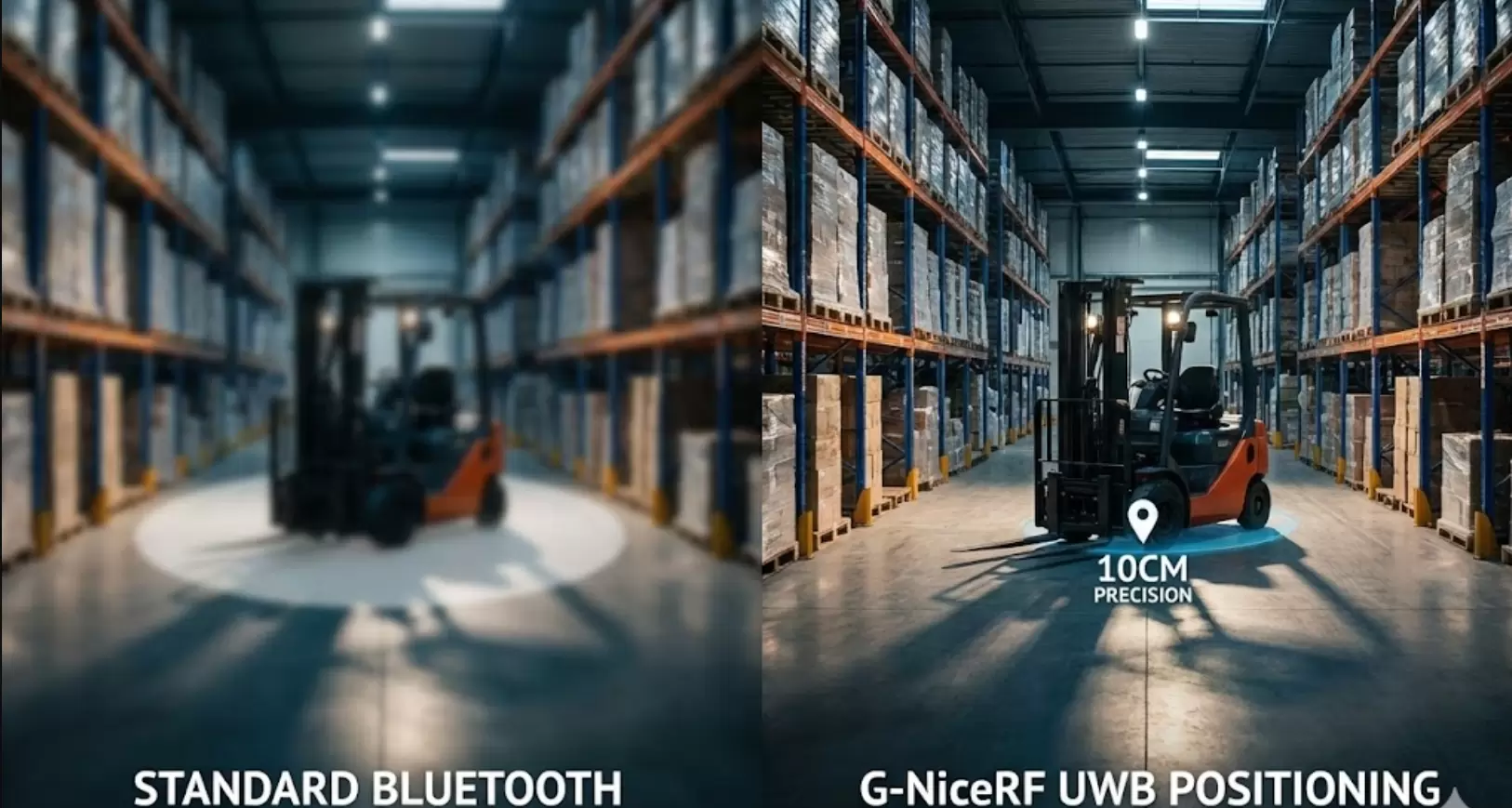Split-screen comparing imprecise Bluetooth with precise G-NiceRF UWB tracking.