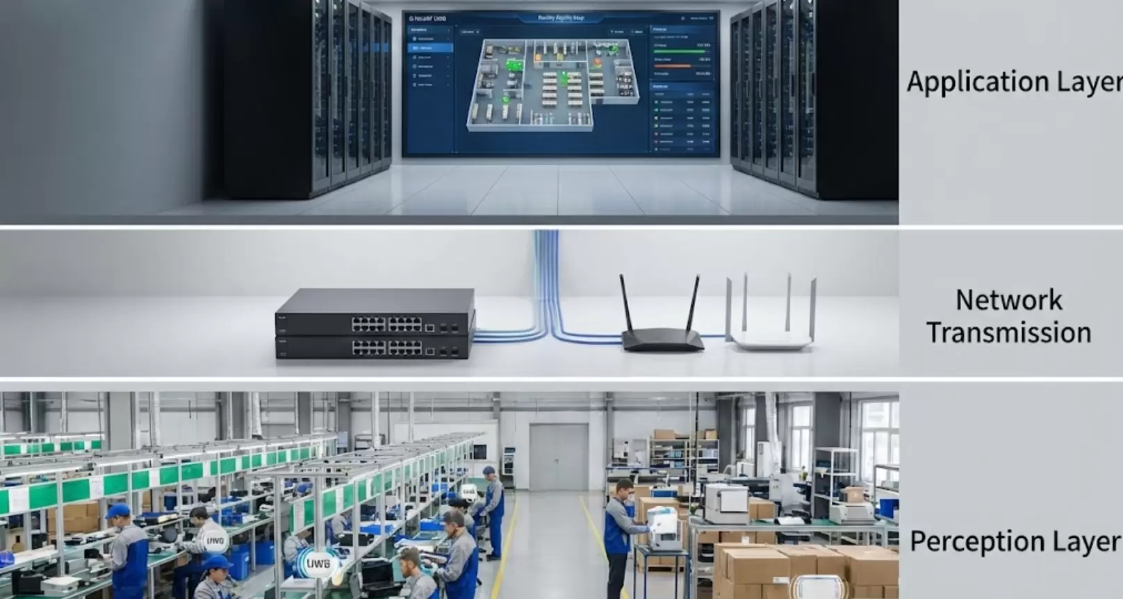 A layered diagram showing the Perception, Network, and Application layers.