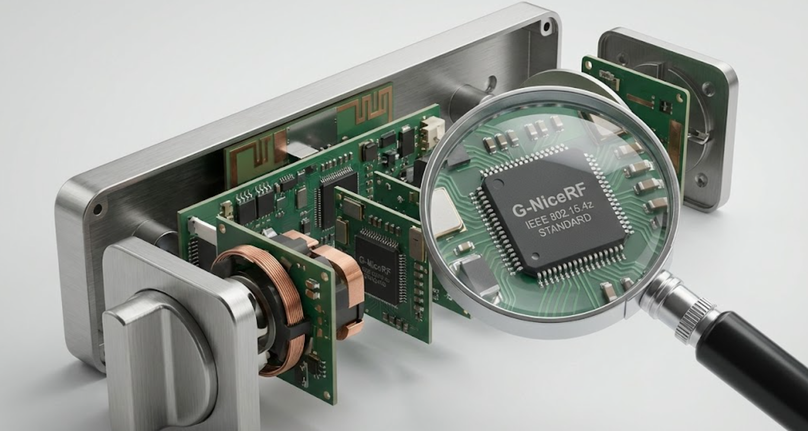 Exploded view of UWB smart lock components and IEEE chip.