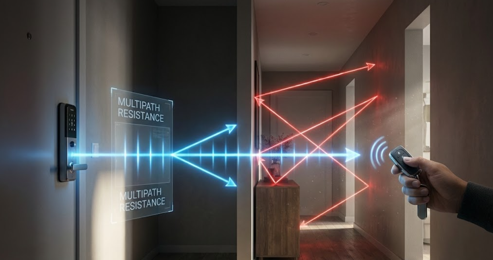 Direct UWB signals versus bouncing Bluetooth signals in a hallway. Direct UWB signals versus bouncing Bluetooth signals in a hallway.