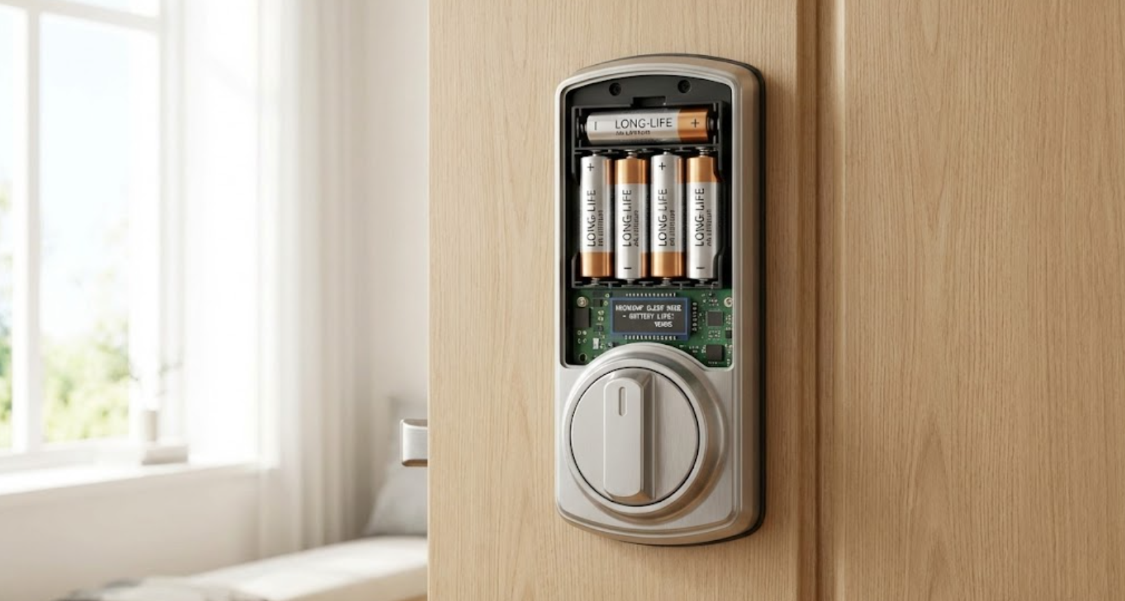 UWB smart lock battery compartment with long-life batteries and power display.
